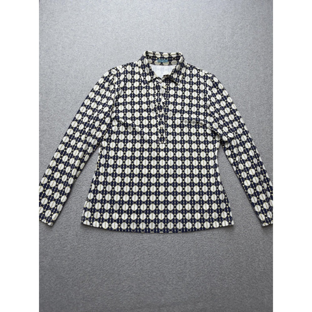 J McLaughlin Shirt Womens Medium Blue Geometric Print Long Sleeve Jersey Polo - Picture 4 of 13